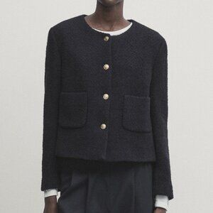 Massimo Dutti Cropped Wool Textured Jacket Blazer Navy